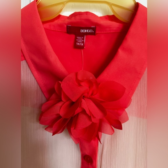 Two-tone, orange & beige, sheer tunic, long sleeve top & matching floral pin. 1X - Picture 4 of 12